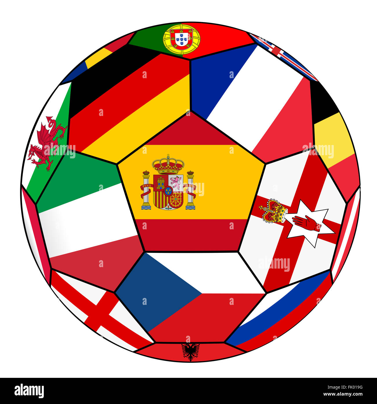 Sfera su uno sfondo bianco con bandiere di paesi europei - la bandiera della Spagna nel centro Foto Stock