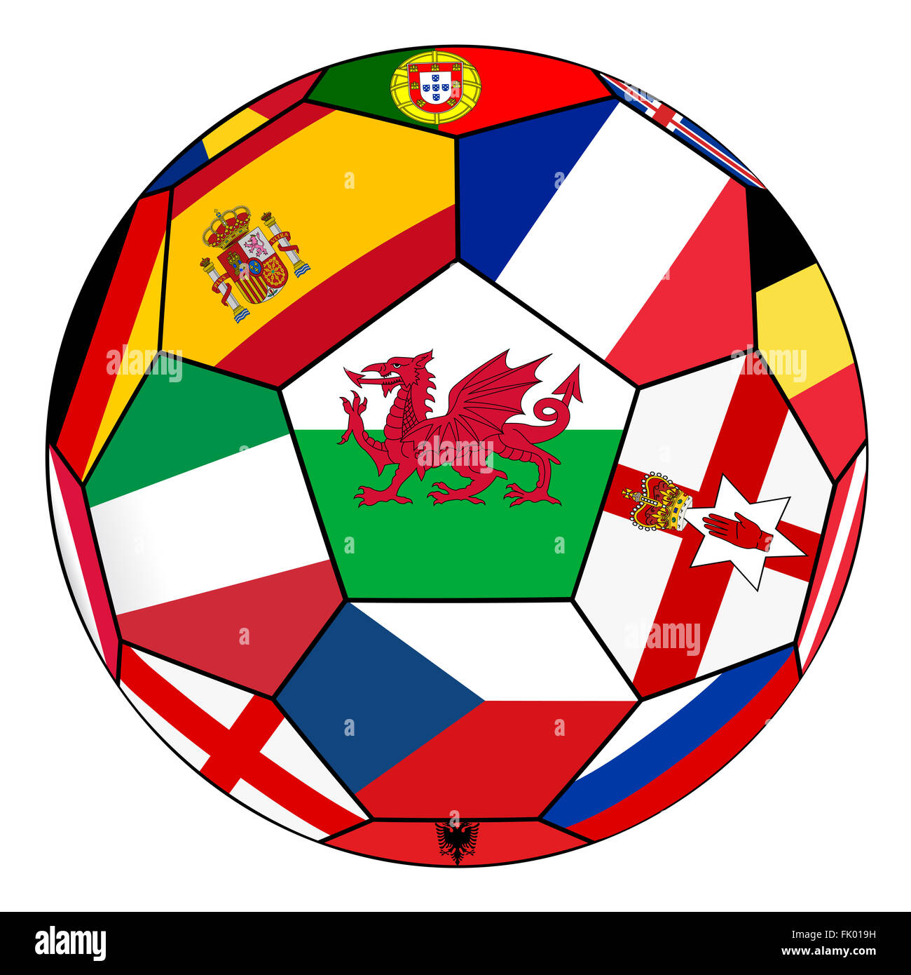 Sfera su uno sfondo bianco con bandiere di paesi europei - la bandiera del Galles nel centro Foto Stock