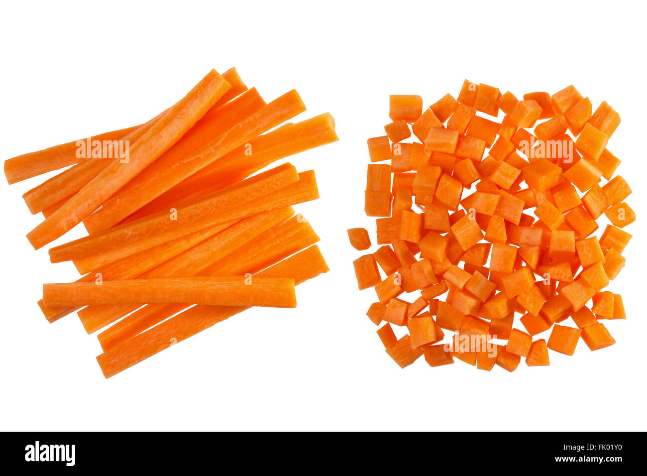 Le carote fresche, tagliata a cubetti e bastoncini di carote Foto Stock