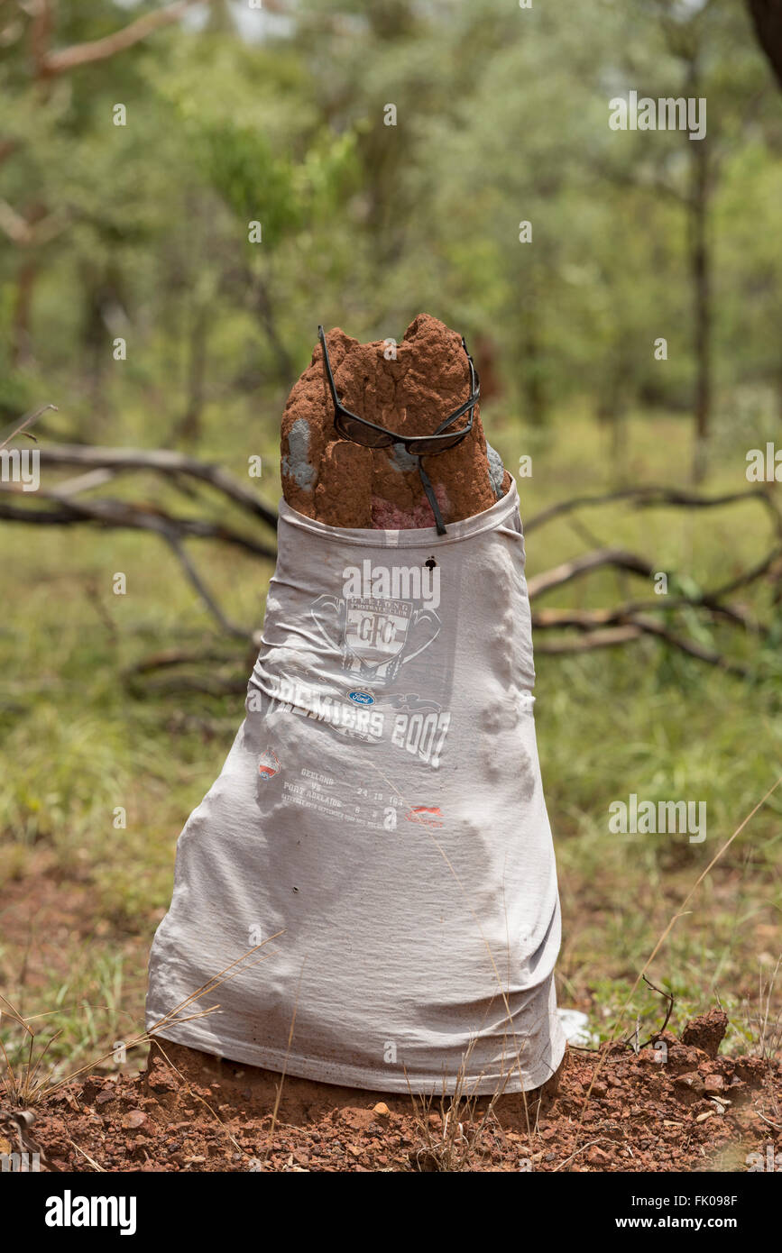 Termite mound vestito di t-shirt e ombre nel Territorio del Nord. Foto Stock