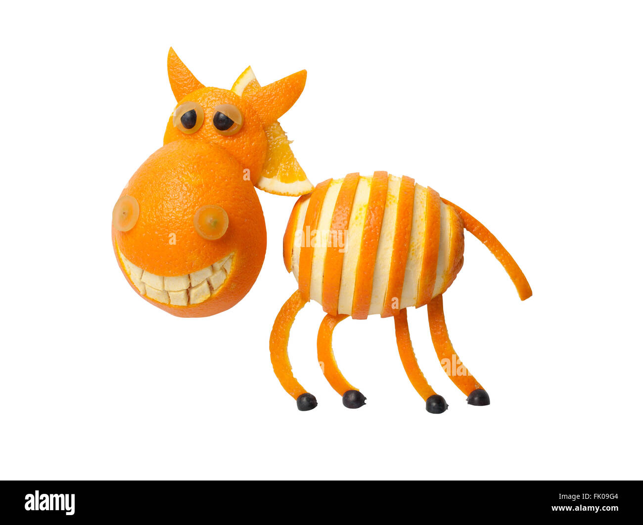 Zebra fatta di colore arancione su sfondo bianco Foto Stock