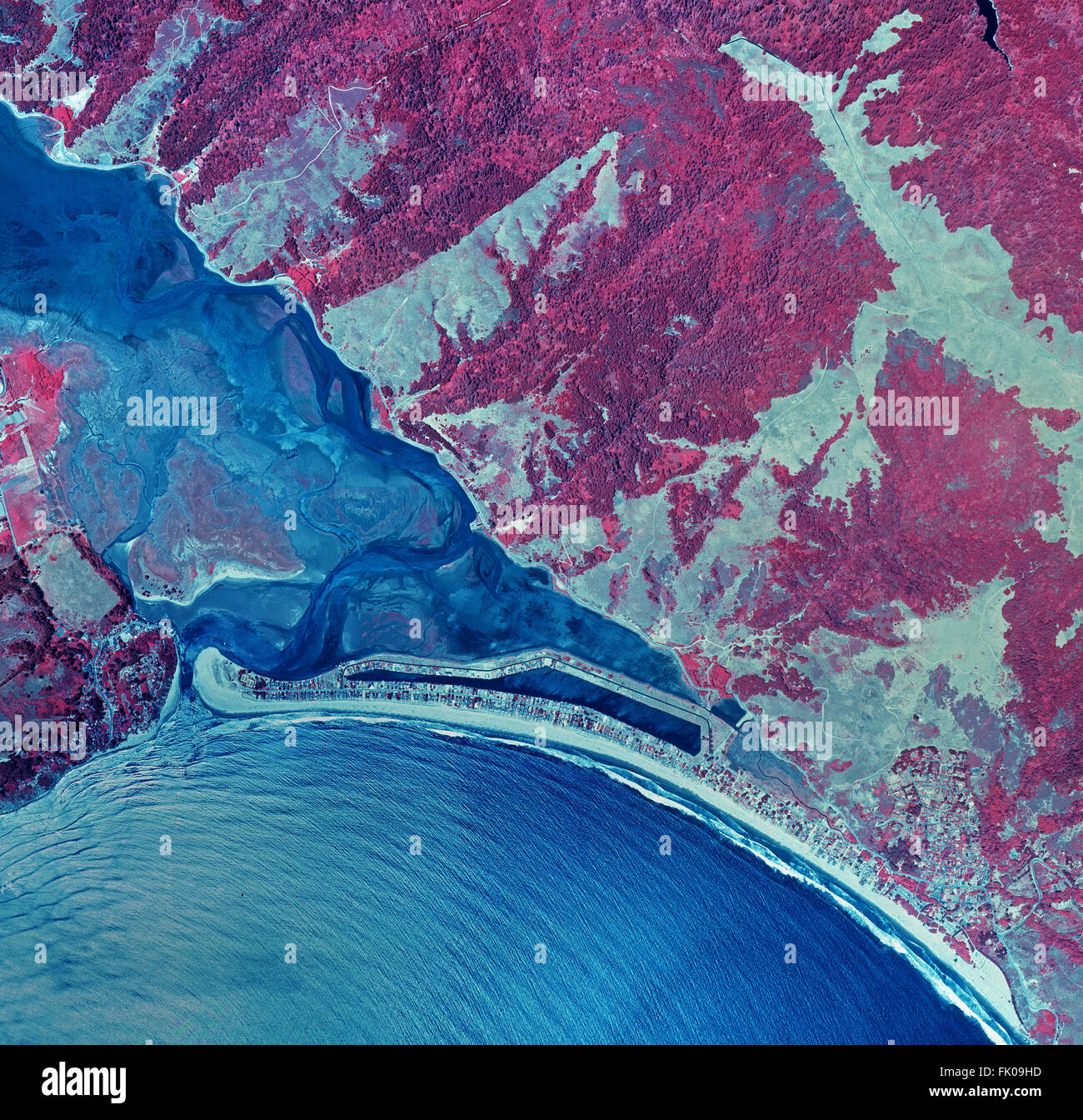 Infrarossi storico fotografia aerea di di Stinson Beach, Bolinas e Bolinas Bay e Bolinas Lagoon, Marin County, California, 1987 Foto Stock