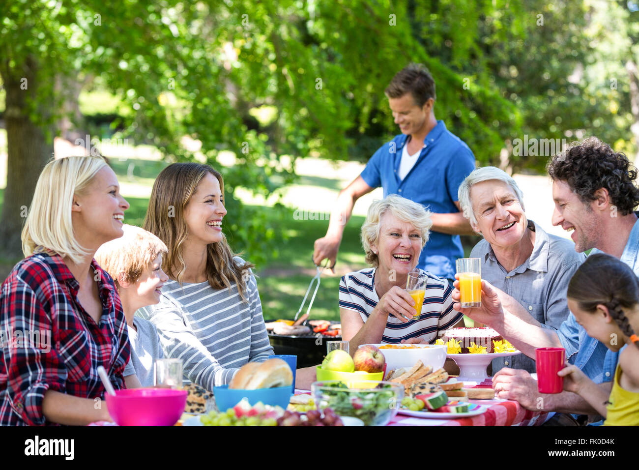 La famiglia e gli amici avente un pic-nic con barbecue Foto Stock