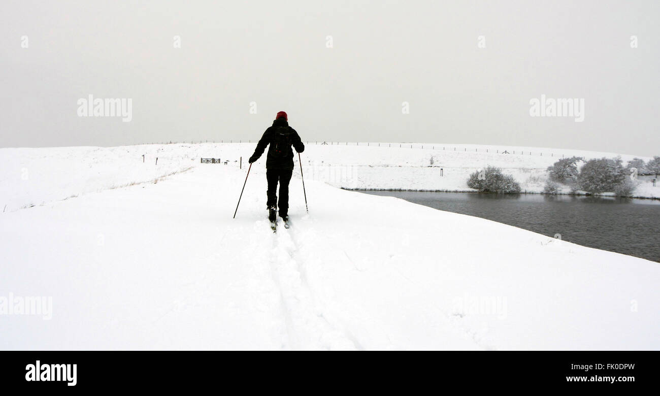 Derbyshire, Regno Unito. 04 Mar, 2016. Le tempeste di neve nel Derbyshire oggi significava che l'avventura fotografo Doug Blane era in grado di fare un po' di Nordic XC sci al di sopra del Goyt Valley, Buxton Derbyshire 2016 Parco Nazionale di Peak District Foto Stock
