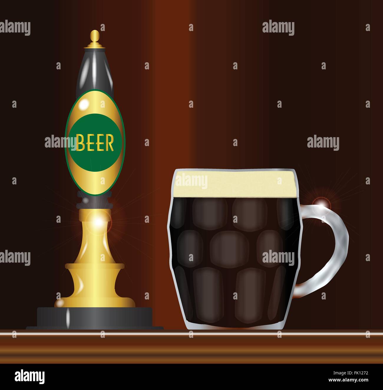 Un tradizionale e tipica birra pompe con segno e una piena pinta di vetro Illustrazione Vettoriale