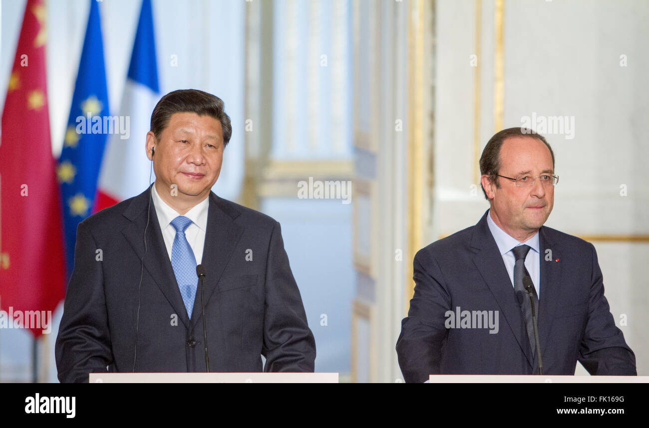 Xi Jinping Il presidente cinese durante la sua visita di Stato in Francia di dare un discorso all'Elysée Paris Foto Stock