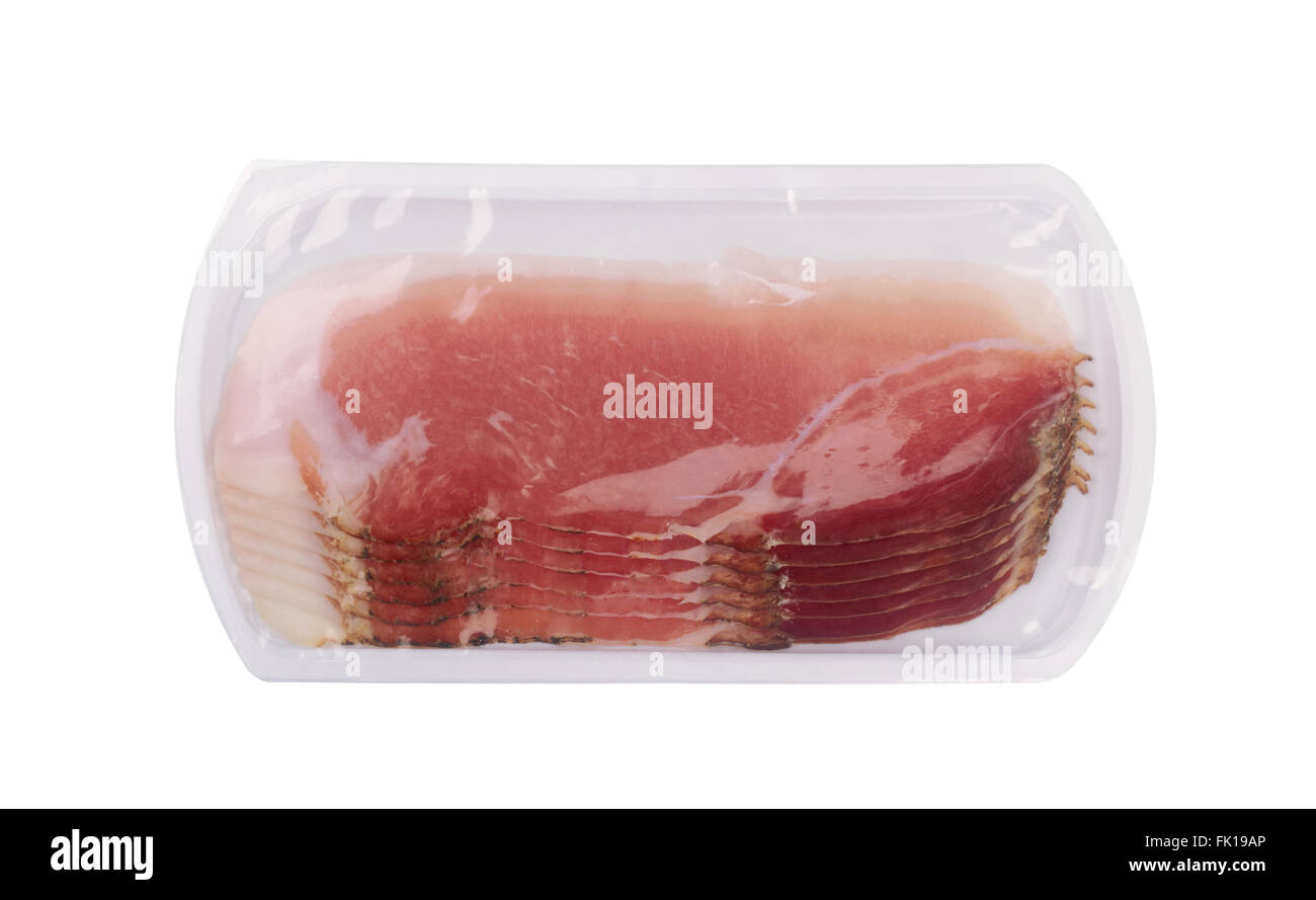Parte superiore orizzontale vista di un prosciutto casseruola in plastica isolato su sfondo bianco Foto Stock