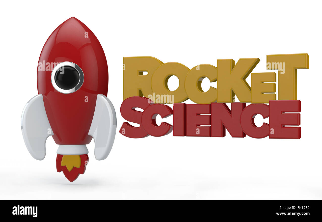 3D render di un simbolico a razzo con il testo scienza missilistica. Il razzo è verniciato in rosso e ha le ali di colore bianco e rosso e giallo Foto Stock