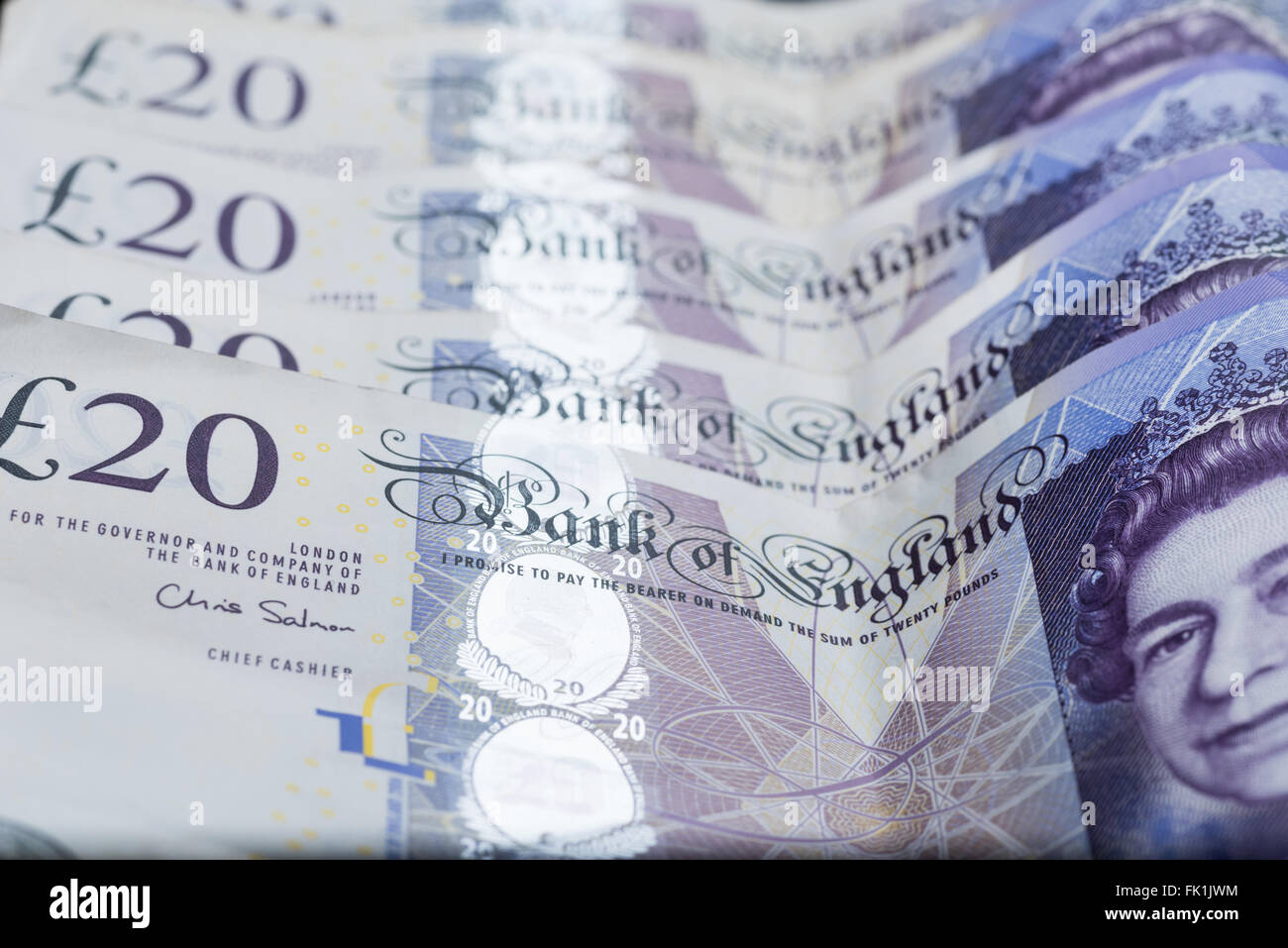 Una pila di 20 pound note Foto Stock