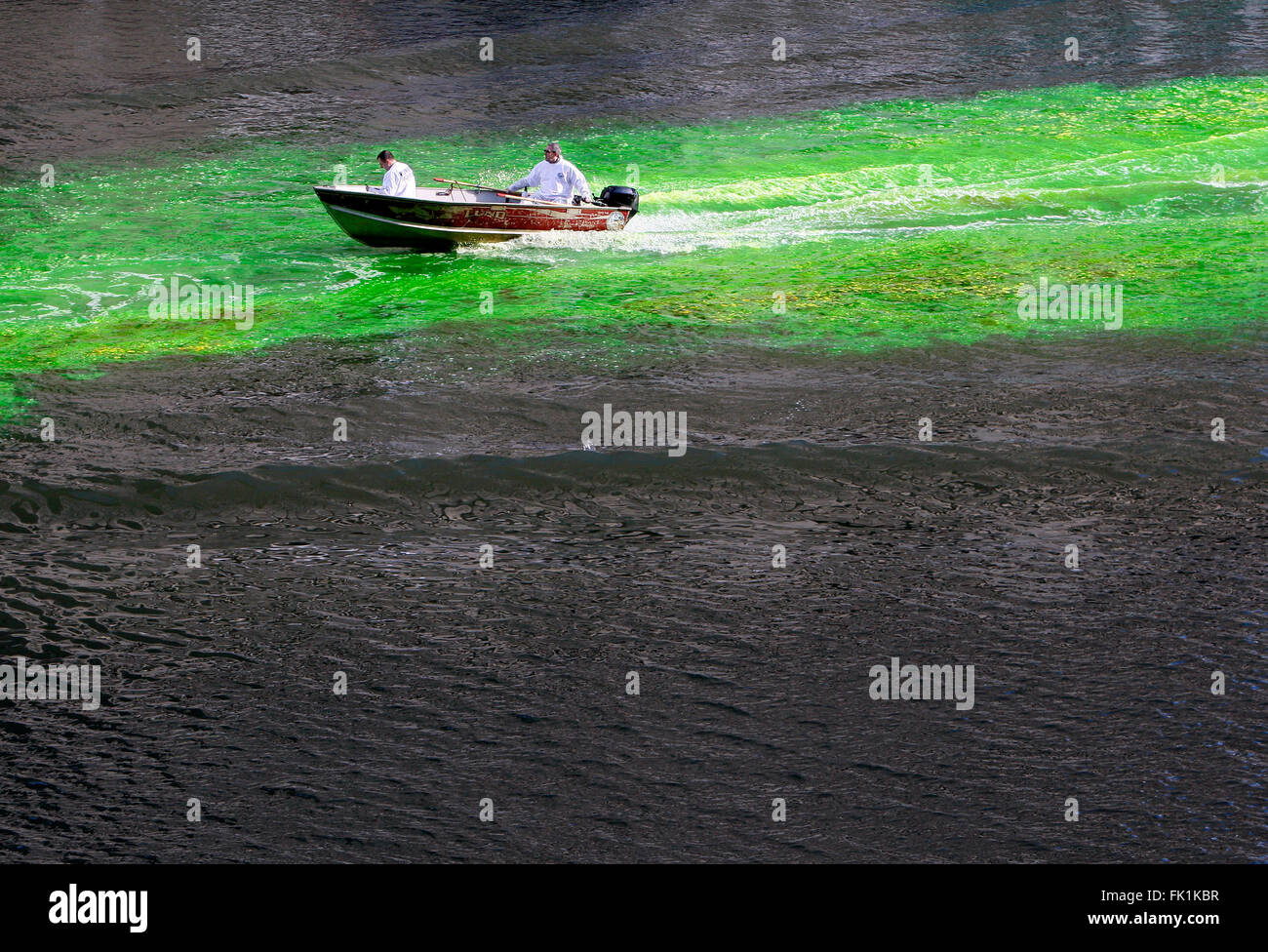Il Chicago River viene colorato di verde per l'annuale festa di San Patrizio celebrazione da parte dei membri del Chicago unione per idraulici Foto Stock