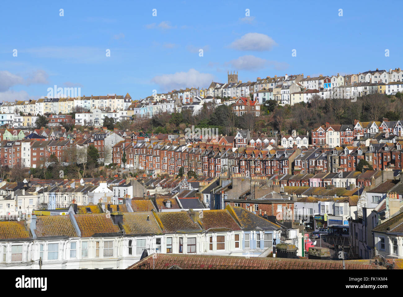 Vista sulla terrazza Vittoriana case nella città di Hastings, East Sussex, England, Regno Unito Foto Stock