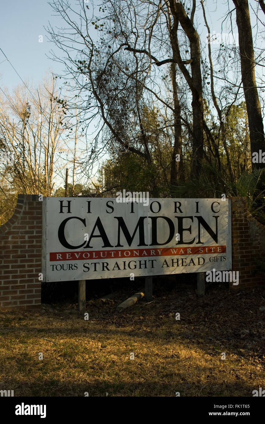 Historic Camden guerra rivoluzionaria segno del sito della Carolina del Sud e Stati Uniti d'America Foto Stock
