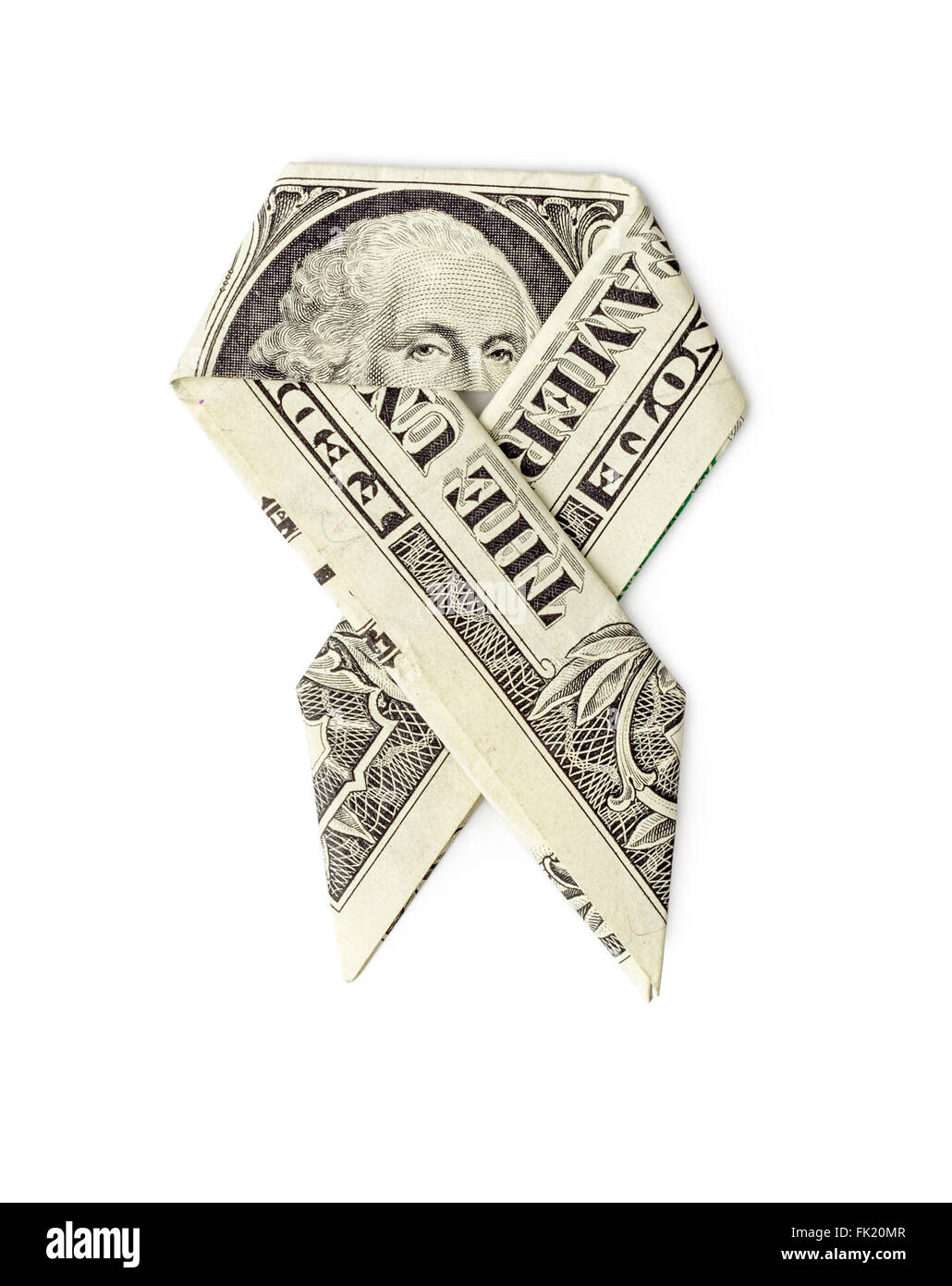 Dollar origami consapevolezza del cancro ribbon isolati su sfondo bianco. Foto Stock