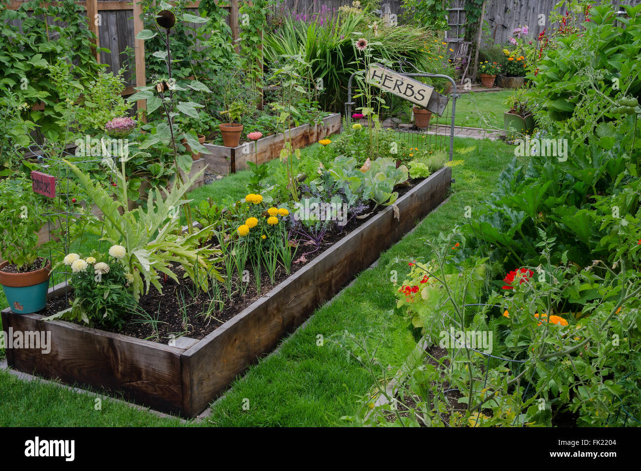 Un letto rialzato riempito con erbe e verdure è annidato nel centro di altri due giardini stretta. Un rustico e delizioso, annuncio di segno Foto Stock