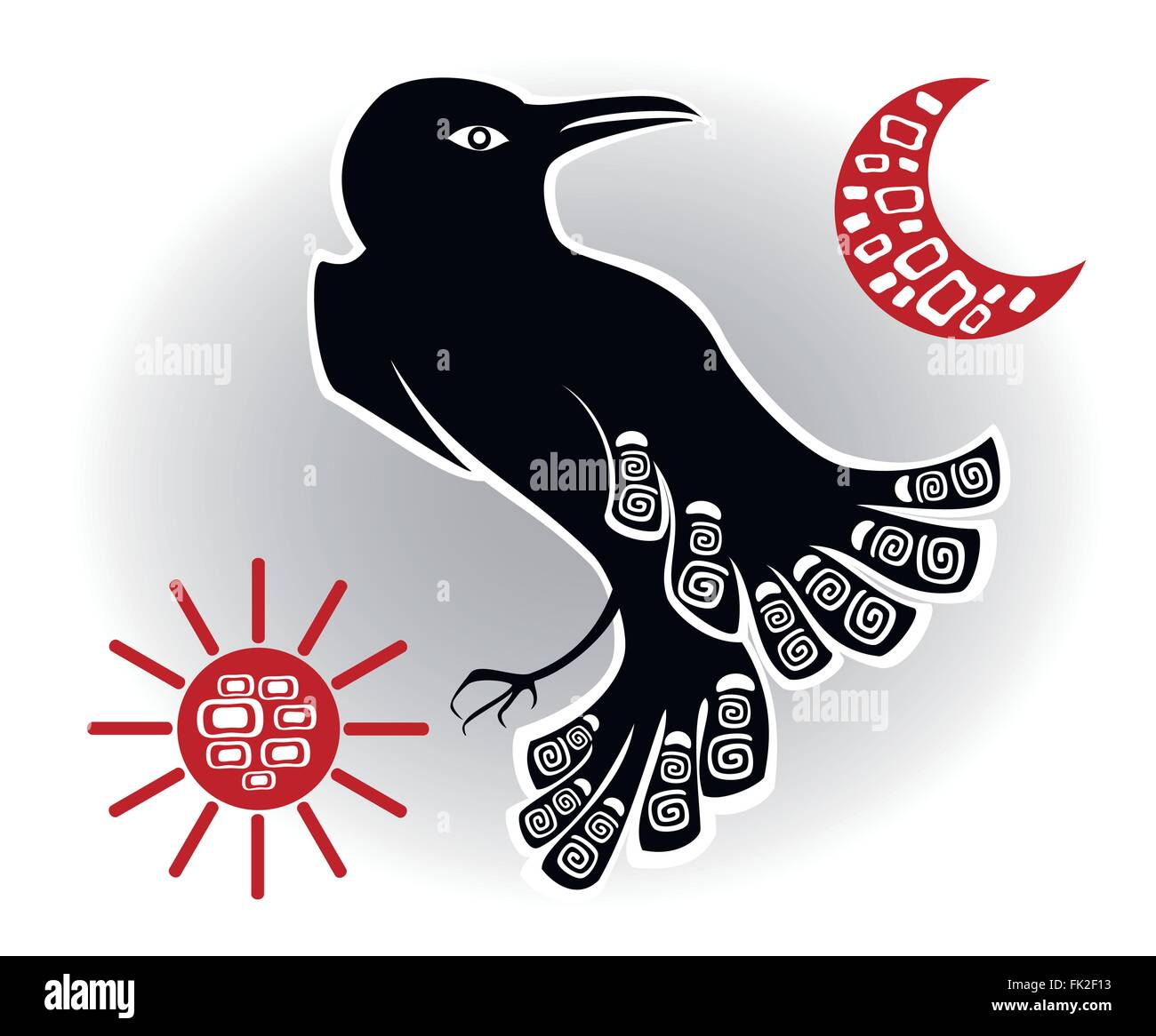 Decorativo immagine etnica nello stile di leggende di indiani e Northern Russian popolazione dal corvo nero, il sole e la luna. EPS10 illustrazione vettoriale. Illustrazione Vettoriale