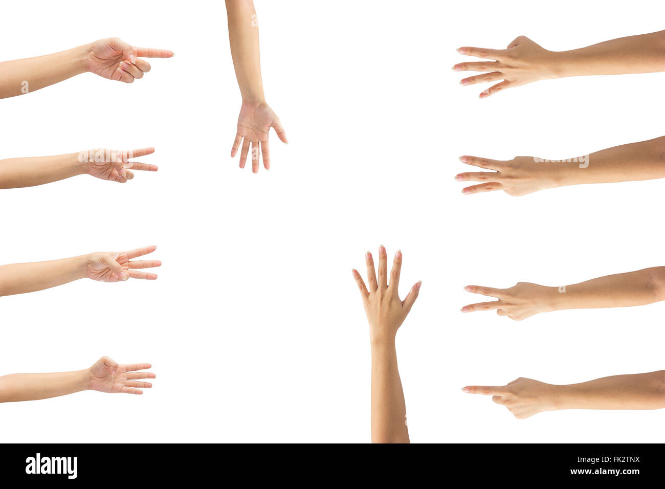 Collage di donna le mani su sfondi bianchi Foto Stock