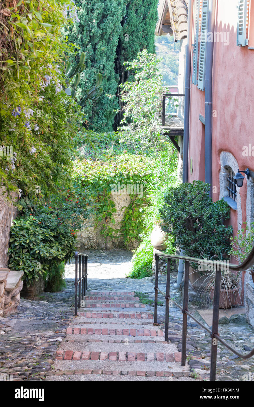Scale in pietra tra le vecchie case in una strada stretta, decrescente per le mura della città, nella storica cittadina a sud della Francia Foto Stock