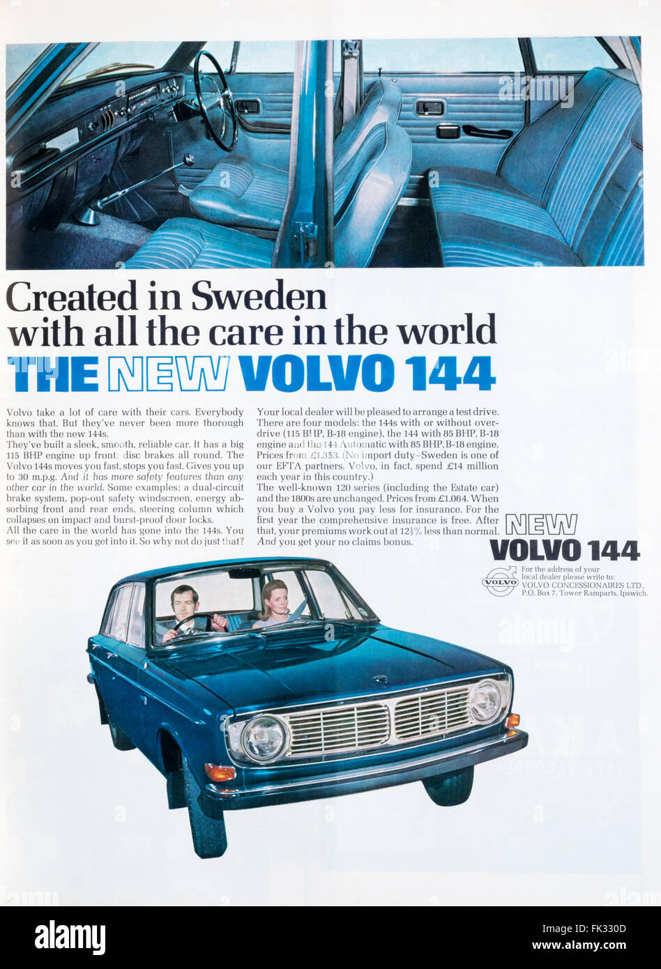 Anni sessanta annuncio rivista pubblicità della nuova Volvo 144 auto. Foto Stock