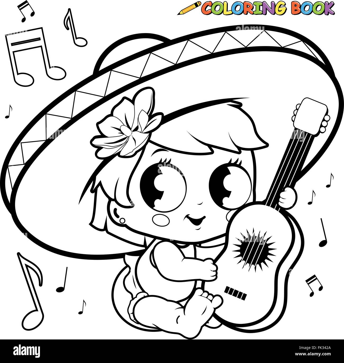Cinco de Mayo, festa messicana per bambini. Mariachi, bambina che suona la chitarra. Pagina di colorazione vettoriale in bianco e nero. Illustrazione Vettoriale