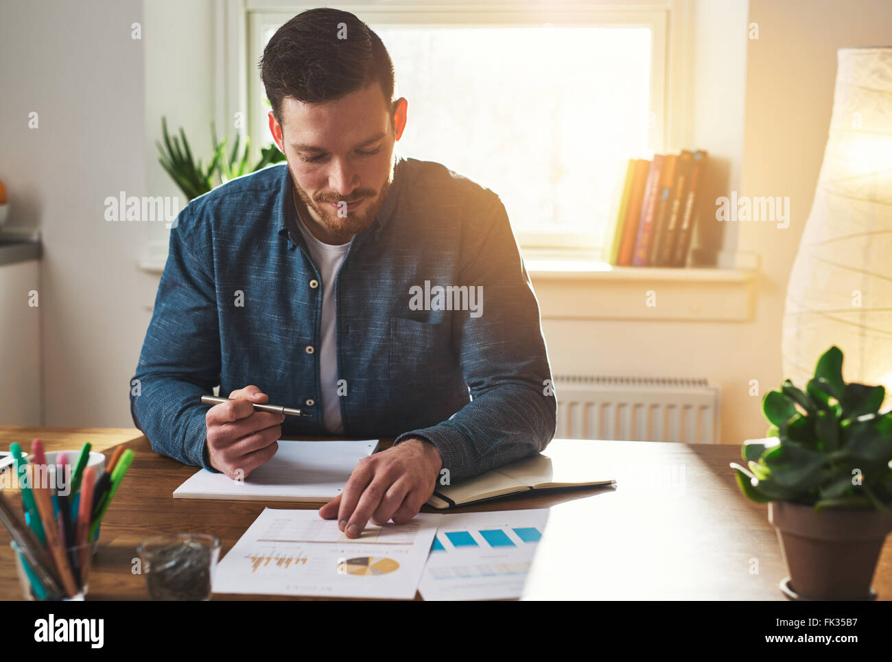 Imprenditore lavora su business tabelle e grafici come egli studi le prestazioni della sua piccola impresa e i piani per il futuro Foto Stock