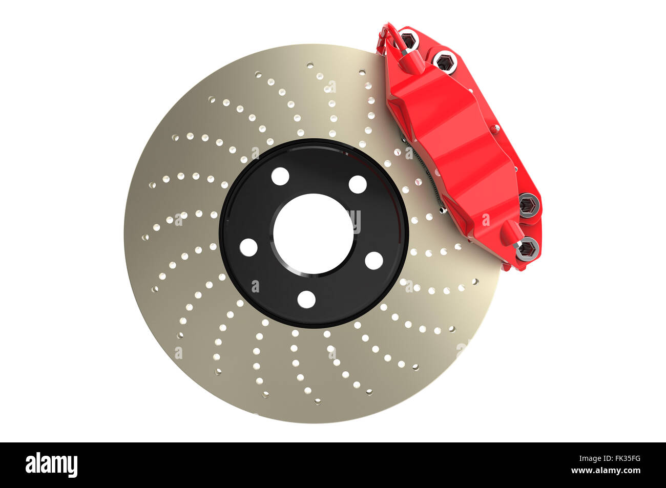 Disco del freno e pinza rossa da una vettura da corsa isolati su sfondo bianco Foto Stock