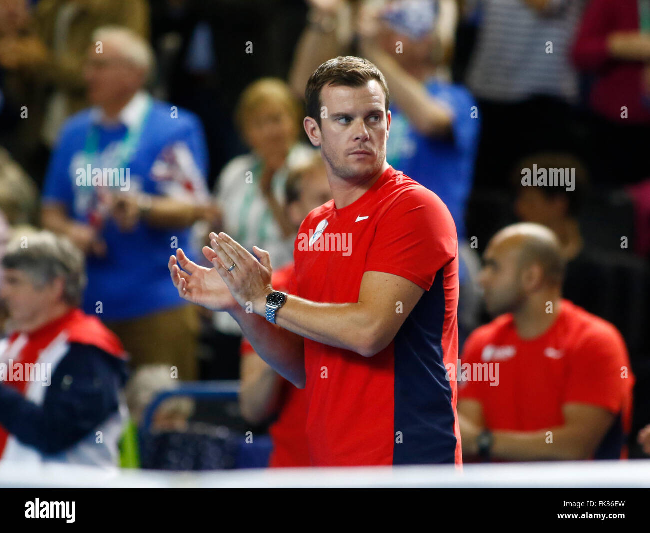 Barclaycard Arena, Birmingham, Regno Unito. 06 Mar, 2016. Davis Cup Tennis World Group Primo Round. Gran Bretagna contro il Giappone. GB team capitano Leon Smith. Credito: Azione Sport Plus/Alamy Live News Foto Stock