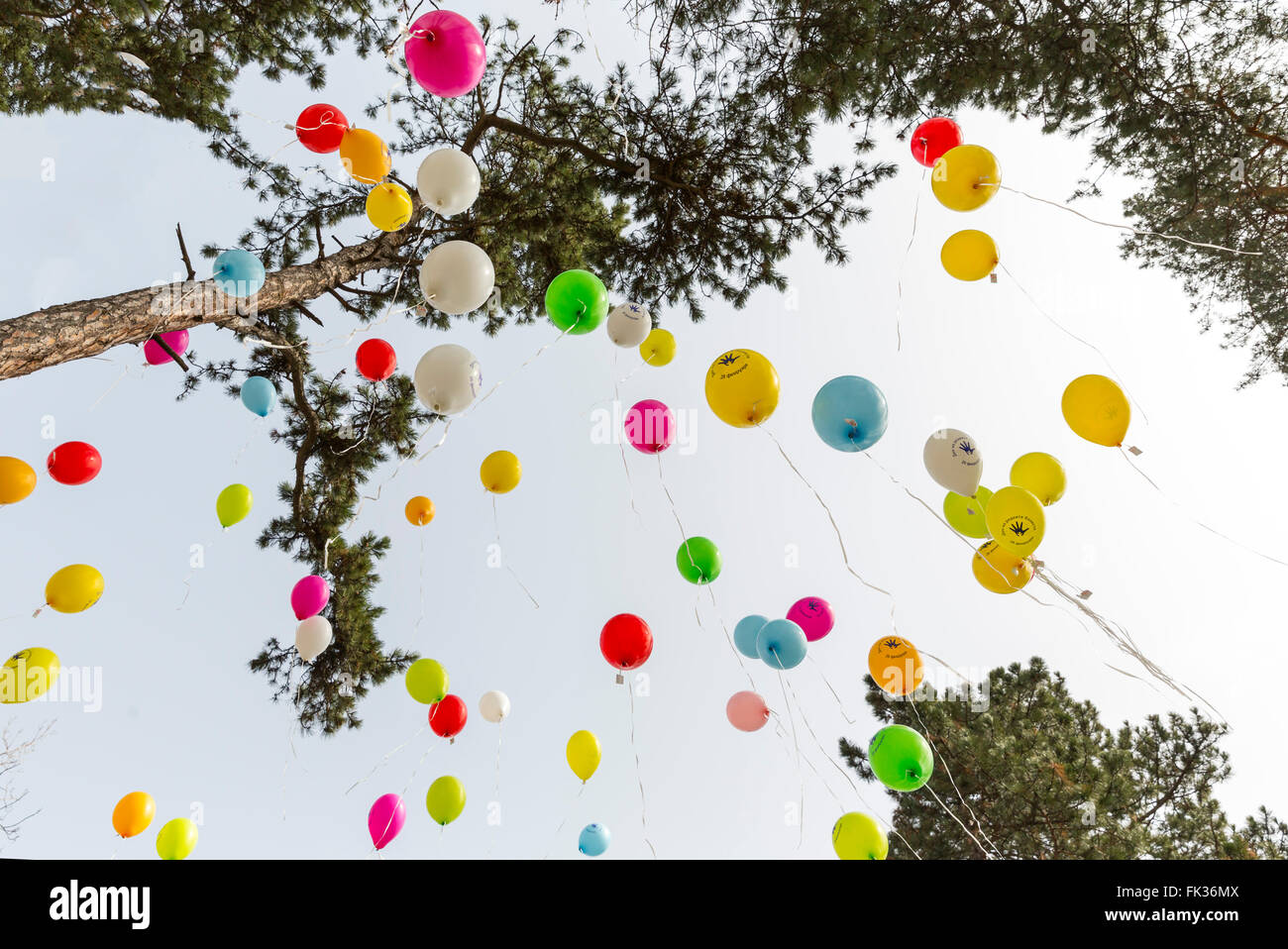 Sofia, Bulgaria - 29 Febbraio 2016: decine di palloncini colorati sono lanciati nel cielo a livello internazionale malattia rara da Foto Stock