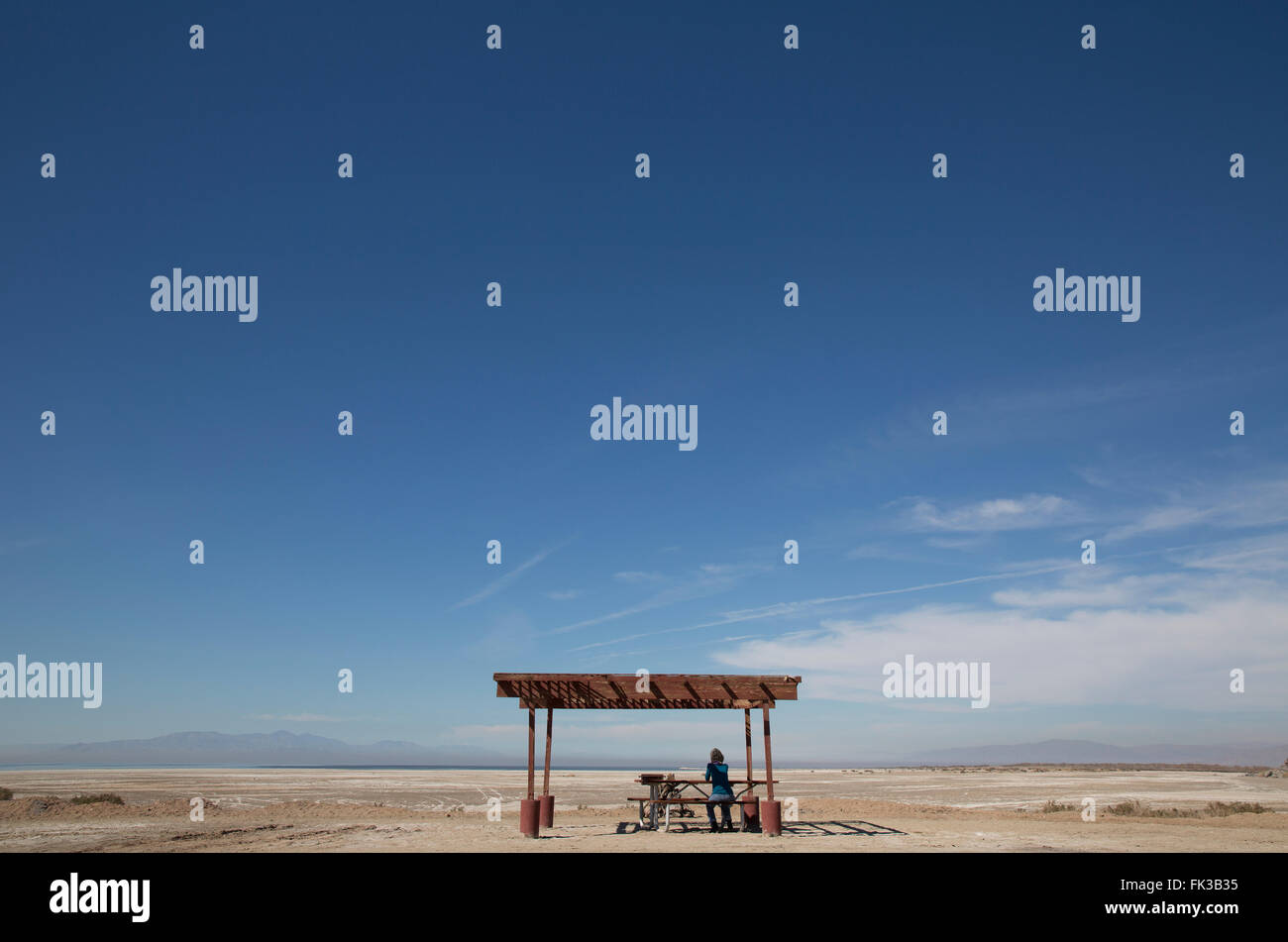 Una donna si siede da solo ad un picnic abbandonata zona lontana dal litorale sfuggente del Salton Sea, California USA Foto Stock