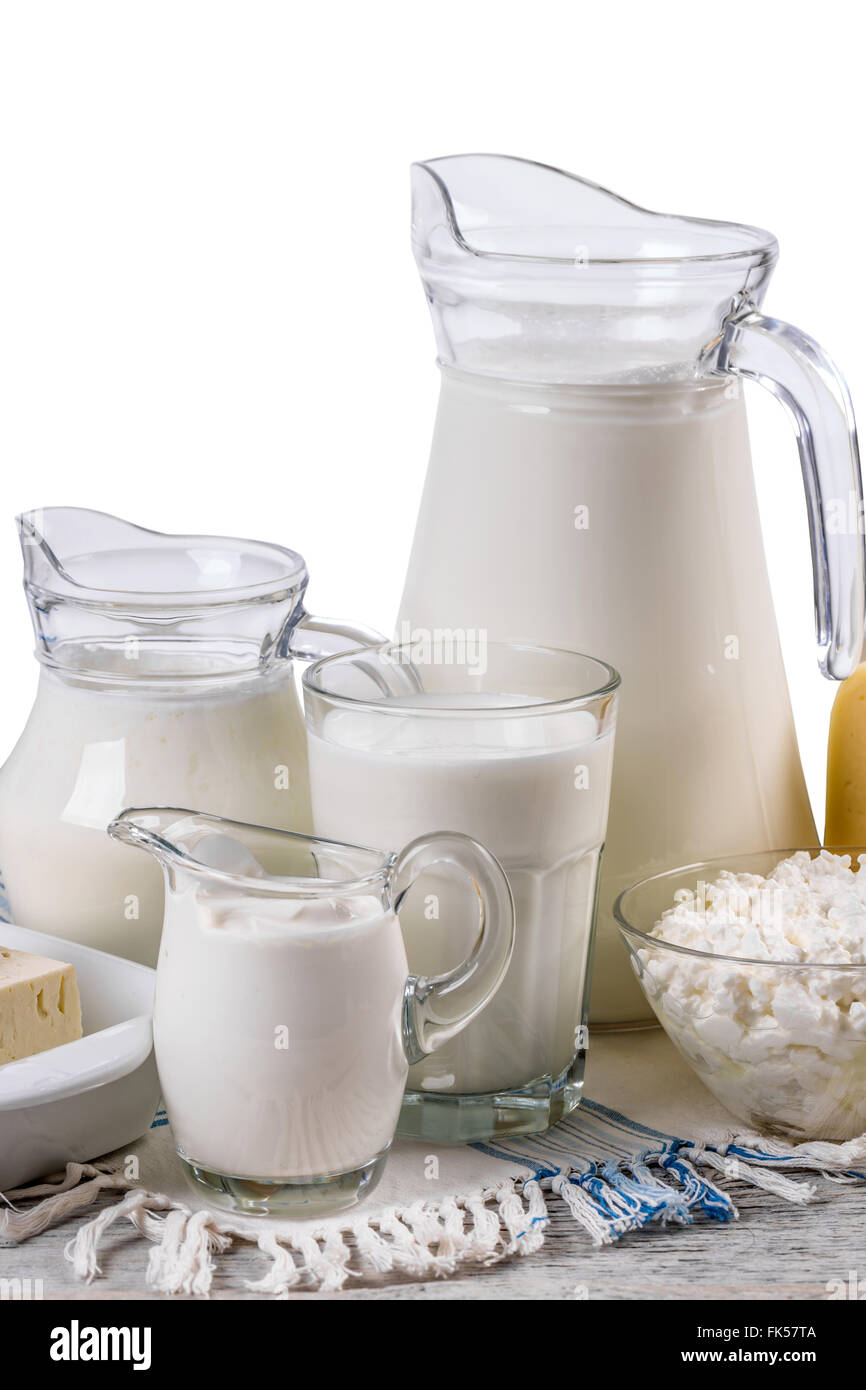 Set da prodotti lattiero-caseari in stile rustico sfondo Foto Stock