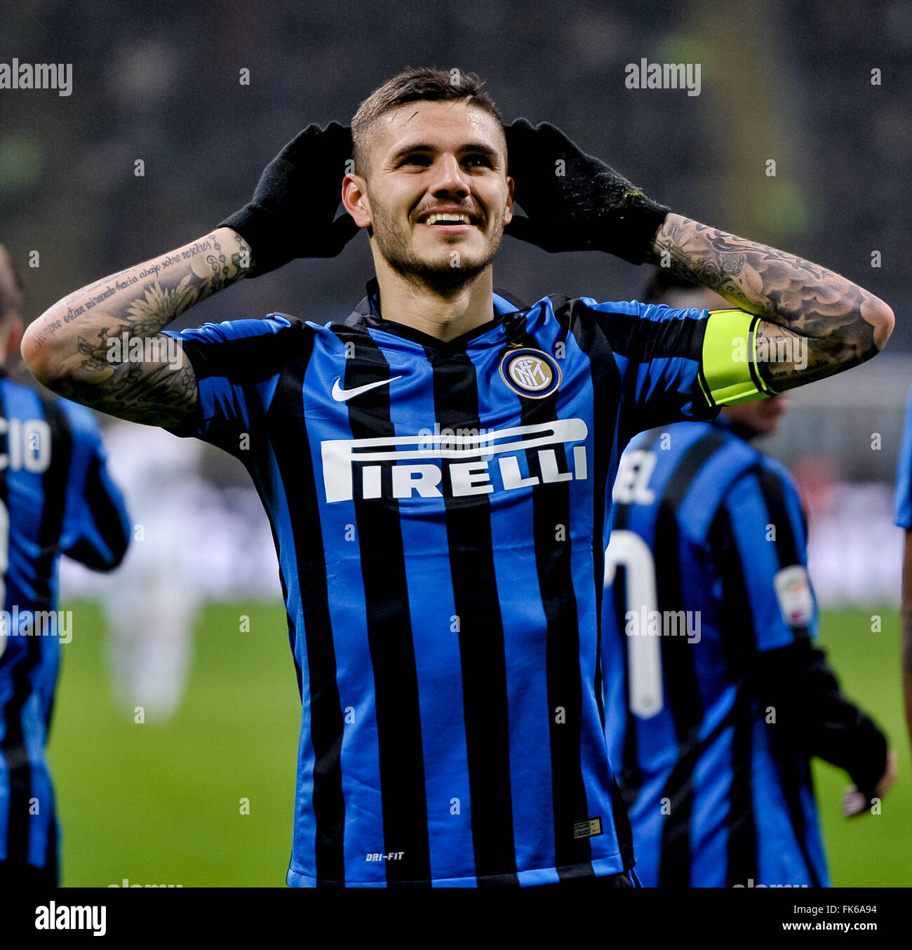 Milano, 6 Marzo 2016: Mauro Icardi celebra dopo rigature durante la serie di una partita di calcio tra FC Internazionale e US città di Palermo a Giuseppe Meazza Milano Italia. Credito: Nicolò Campo/Alamy Live News Foto Stock