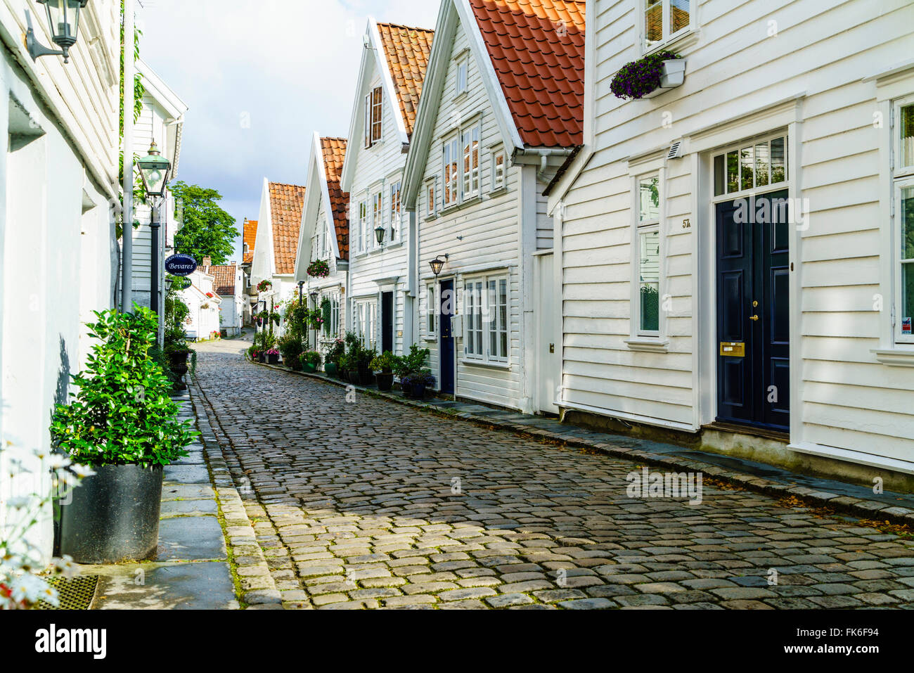 Vecchia Stavanger comprendente circa 250 edifici dai primi anni del XVIII secolo, principalmente di piccole casette bianche, Stavanger, Rotaland, Norvegia Foto Stock