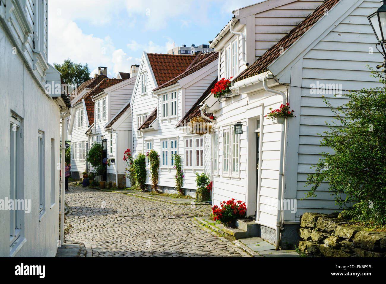 Vecchia Stavanger comprendente circa 250 edifici dai primi anni del XVIII secolo, principalmente di piccole casette bianche, Stavanger, Rotaland, Norvegia Foto Stock