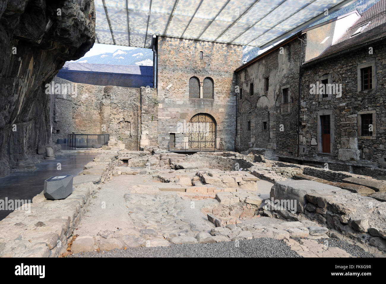 Martolet sito archeologico, le prime chiese cristiane sul sito, Saint-Maurice d'Agaune Abbey, Vallese, Svizzera Foto Stock