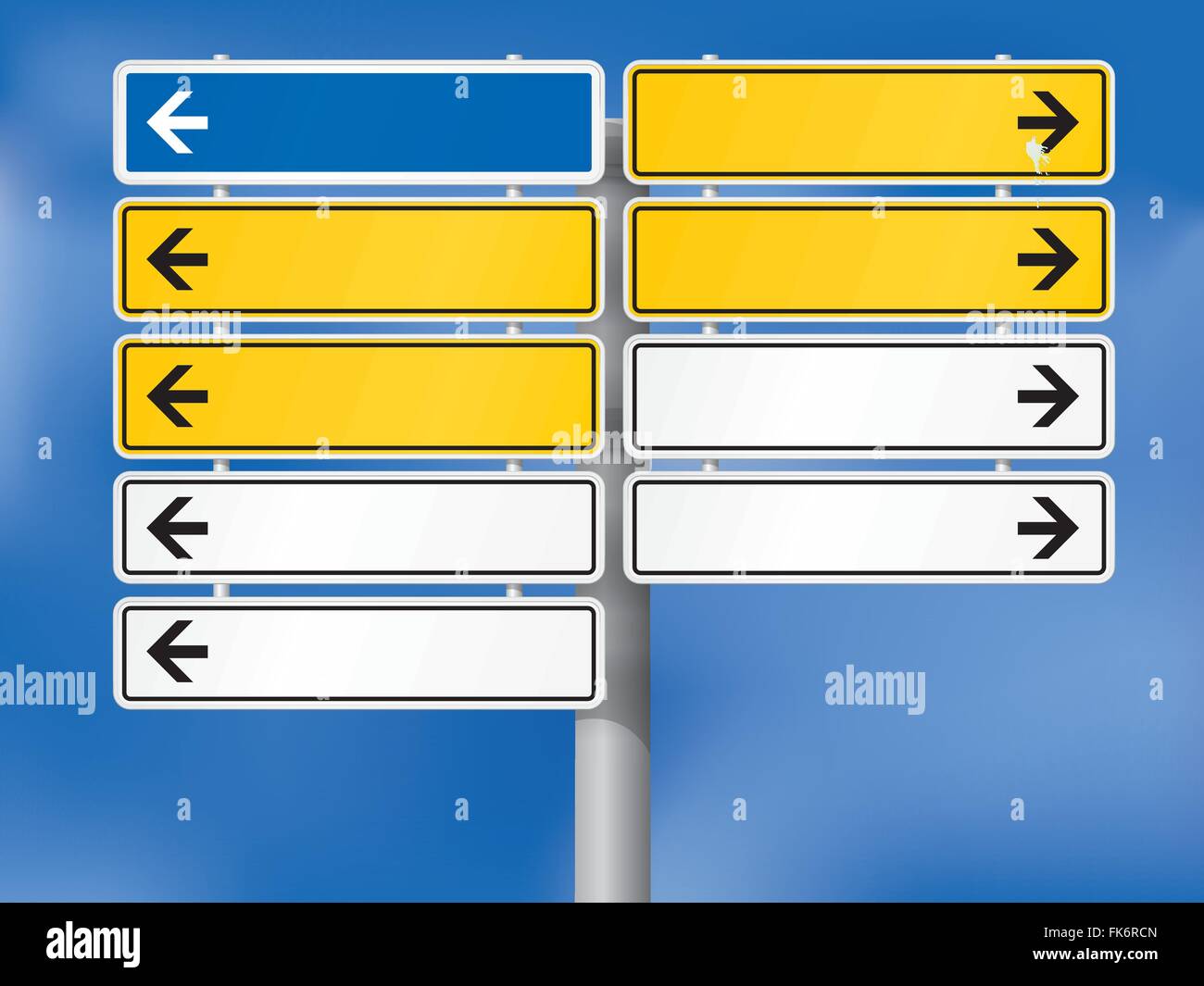 Blank tedesco segnaletica direzionale. Completamente ombreggiato. Sfondo, scheletro, piastre, ombre, frecce e simboli sui singoli strati. Illustrazione Vettoriale
