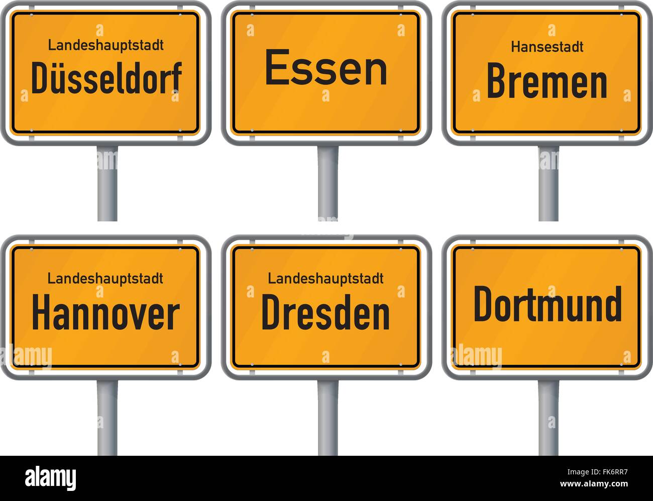 Illustrazione Vettoriale, limiti della città segni di sei grandi città in Germania - Düsseldorf, Essen, Brema, Hannover, Dresda e Dortmund Illustrazione Vettoriale