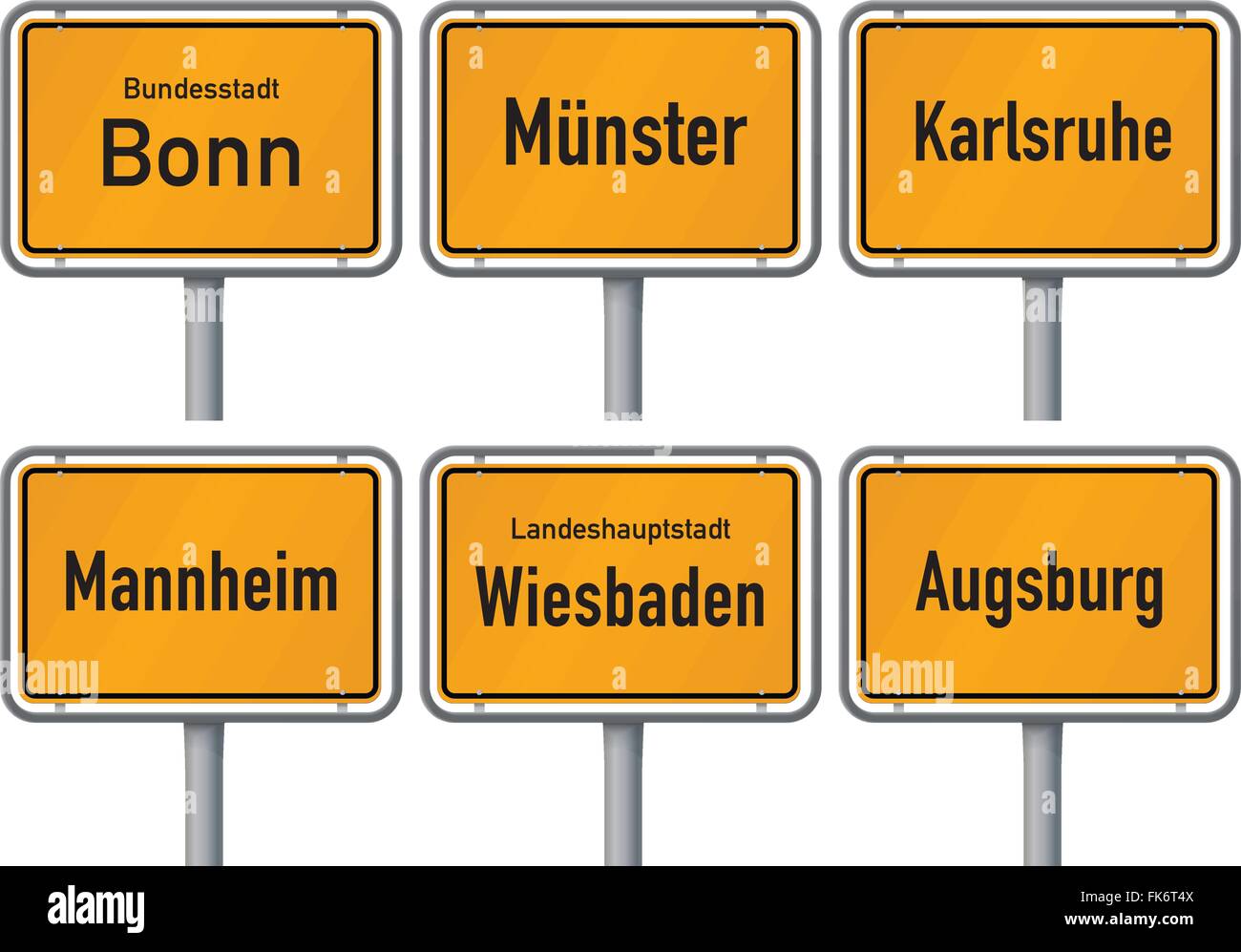 Illustrazione Vettoriale della città limiti segni di sei grandi città in Germania - Bonn, Münster, Karlsruhe, Mannheim, Wiesbaden, Augsburg Illustrazione Vettoriale