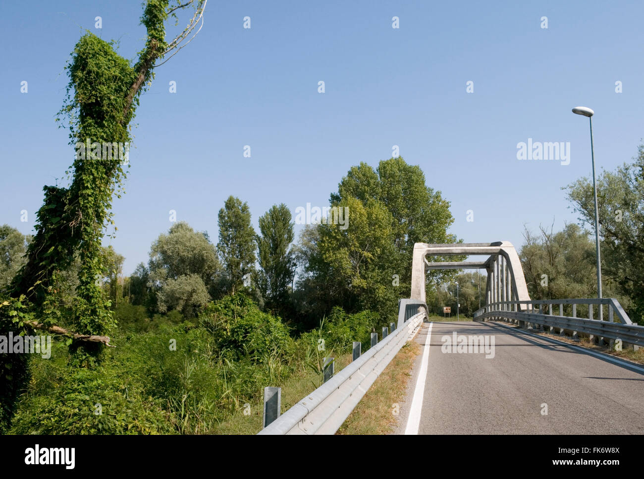 Ponte stradale sul fiume Po nei pressi di Porto Tolle, del Parco del Delta del Po, provincia di Rovigo, regione Veneto, Italia Foto Stock