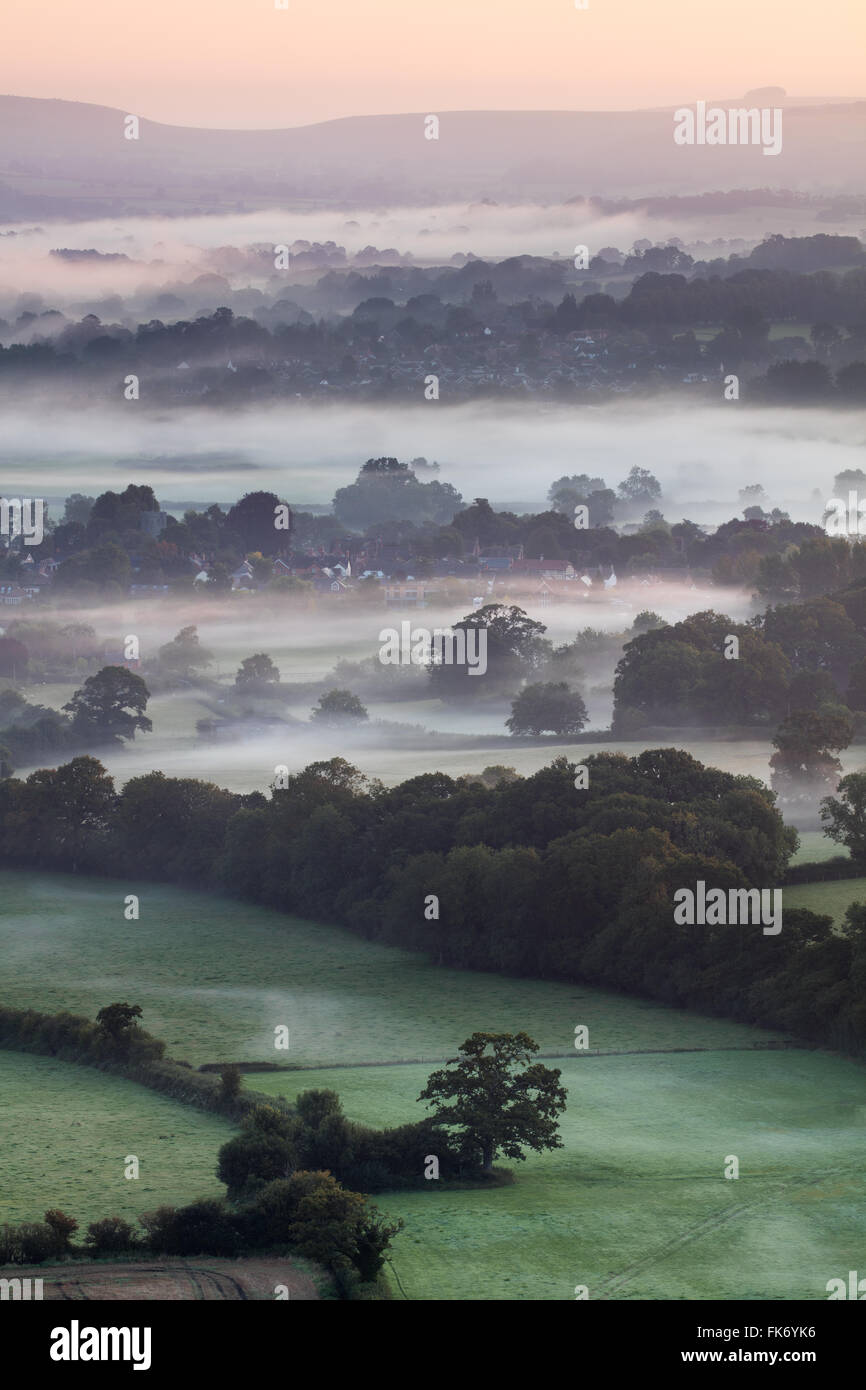 Una nebbiosa mattina nella Blackmore Vale, Dorset, England, Regno Unito Foto Stock