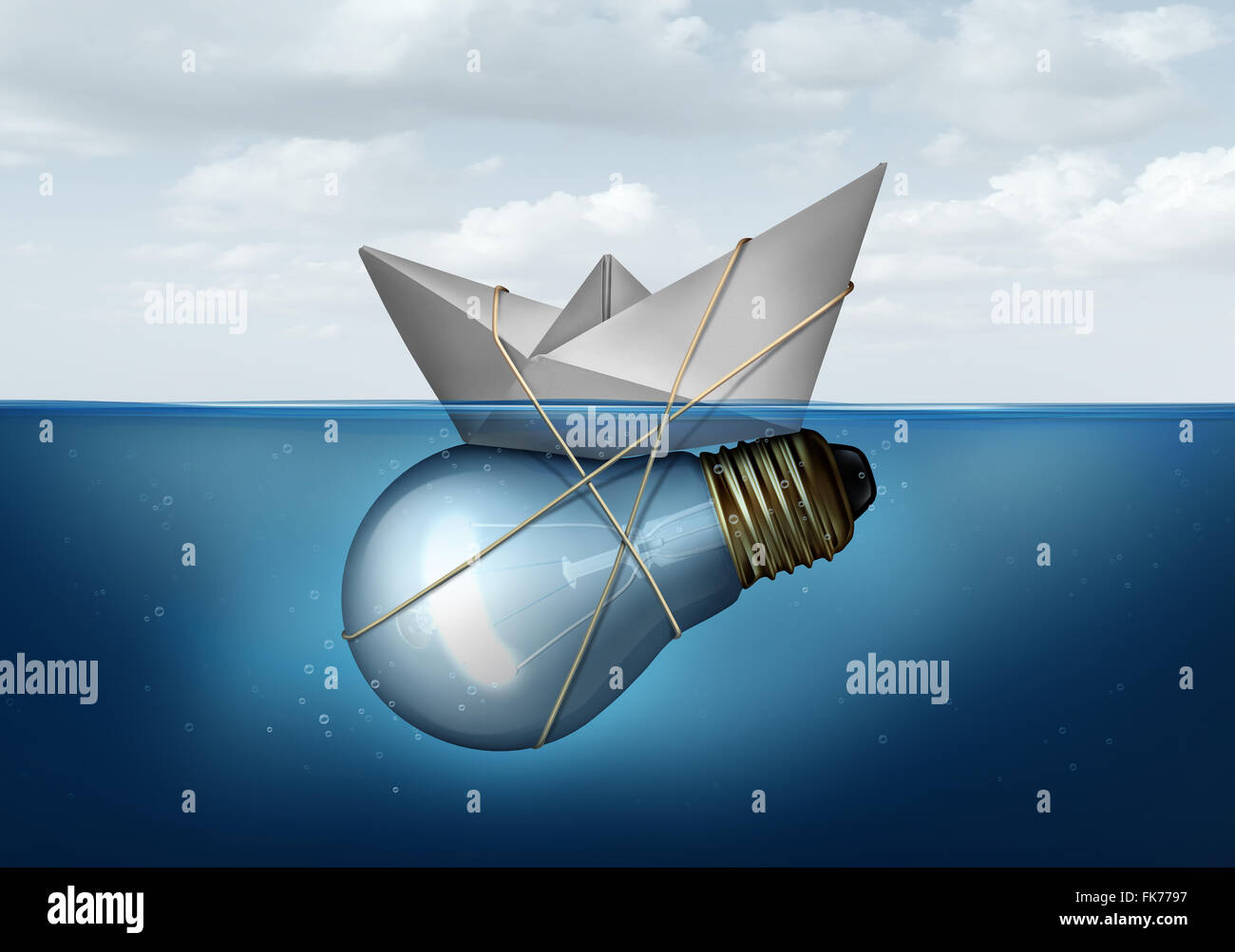 Business soluzione innovativa e creativa del progetto come una barca di carta legata a una lampadina o lampadina oggetto come una metafora di successo per smart corporate risolvendo il pensiero economico e le sfide del trasporto. Foto Stock