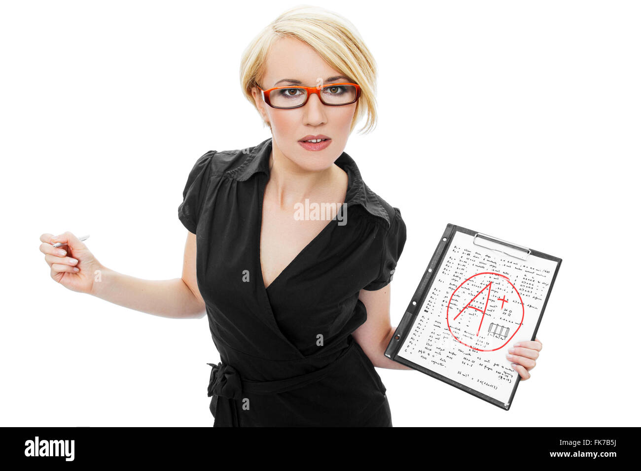Insegnante biondo con gli occhiali azienda test, grado A +, passata Foto Stock
