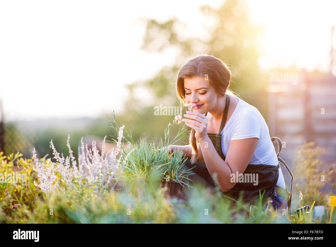 Giovani giardiniere nel giardino di fiori profumati, carattere solare Foto Stock