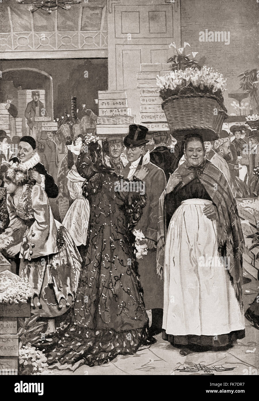 Una scena nel mercato di Covent Garden di Londra, Inghilterra nel tardo XIX secolo. Foto Stock