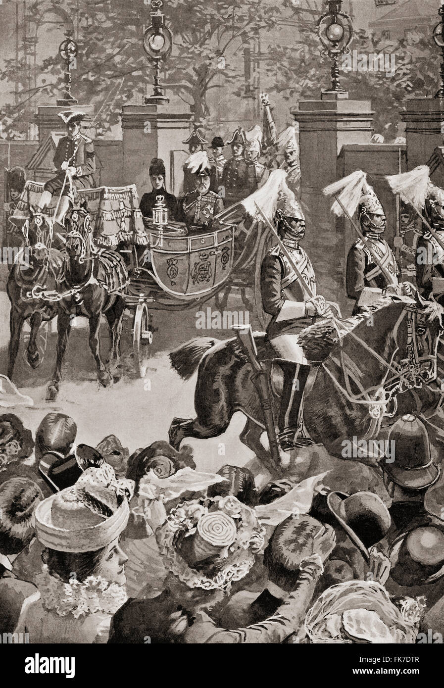 Il re Edoardo VII e sua moglie Alexandra della Danimarca lasciando Marlborough House, Londra, Inghilterra nel tardo XIX secolo. Foto Stock