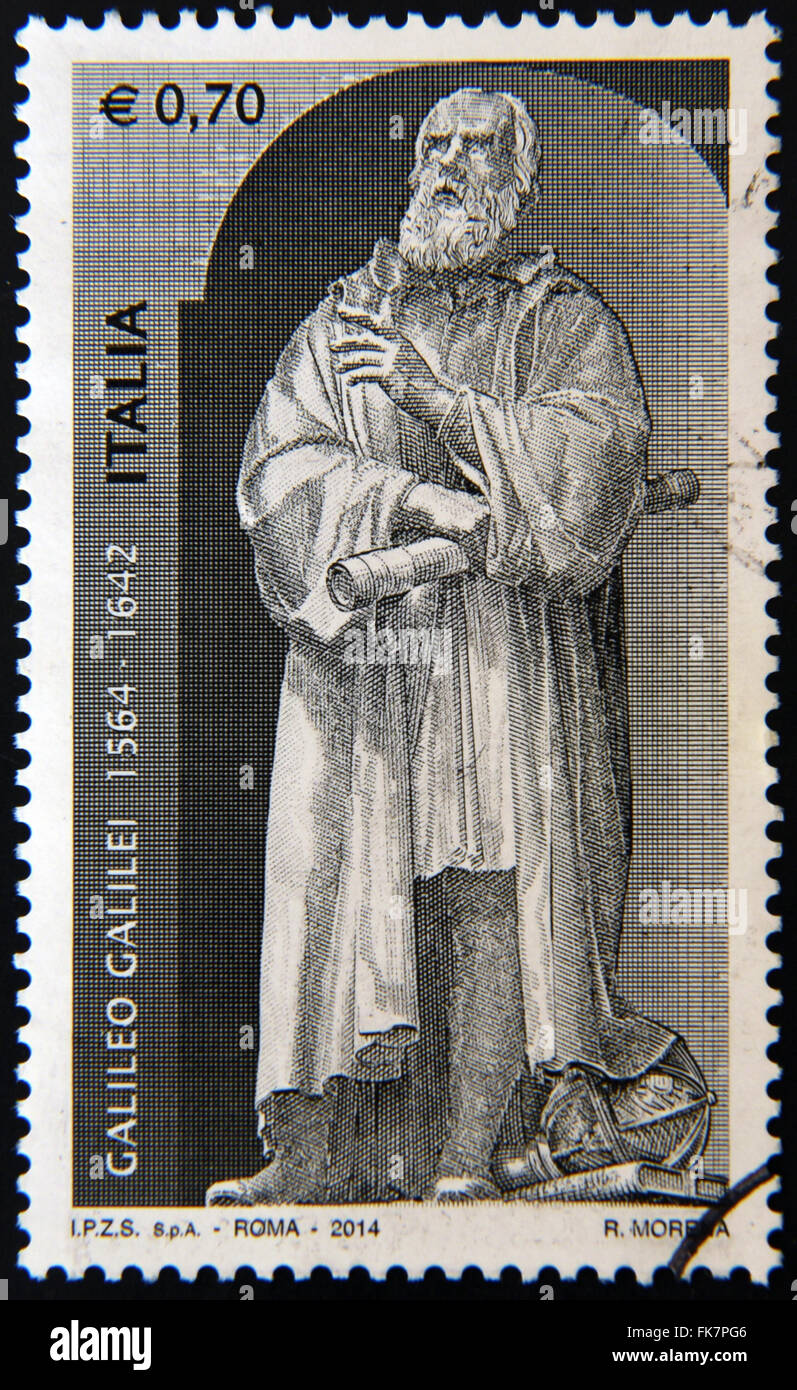 ITALIA - circa 2014: un timbro stampato in Italia che mostra un'immagine di Galileo Galilei, circa 2014. Foto Stock