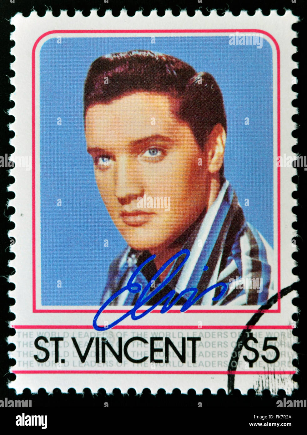 ST. VINCENT - circa 1985: un timbro stampato in San Vincenzo, mostra Elvis Presley, circa 1985. Foto Stock