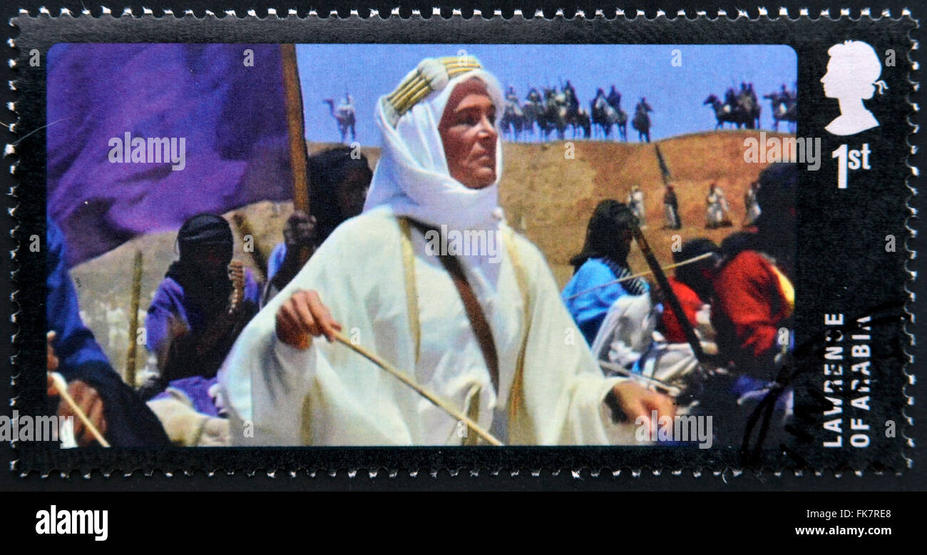 Regno Unito - circa 2014: un timbro stampato in Gran Bretagna dedicato al grande pellicola britannica, mostra Lawrence d'Arabia Foto Stock