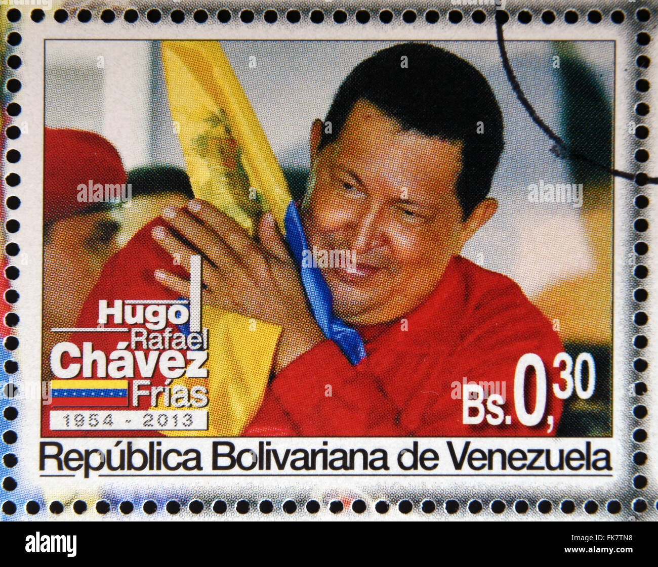 Repubblica bolivariana del Venezuela - circa 2013: un timbro stampato in Venezuela mostra Hugo Rafael Chavez (1954-2013), Foto Stock