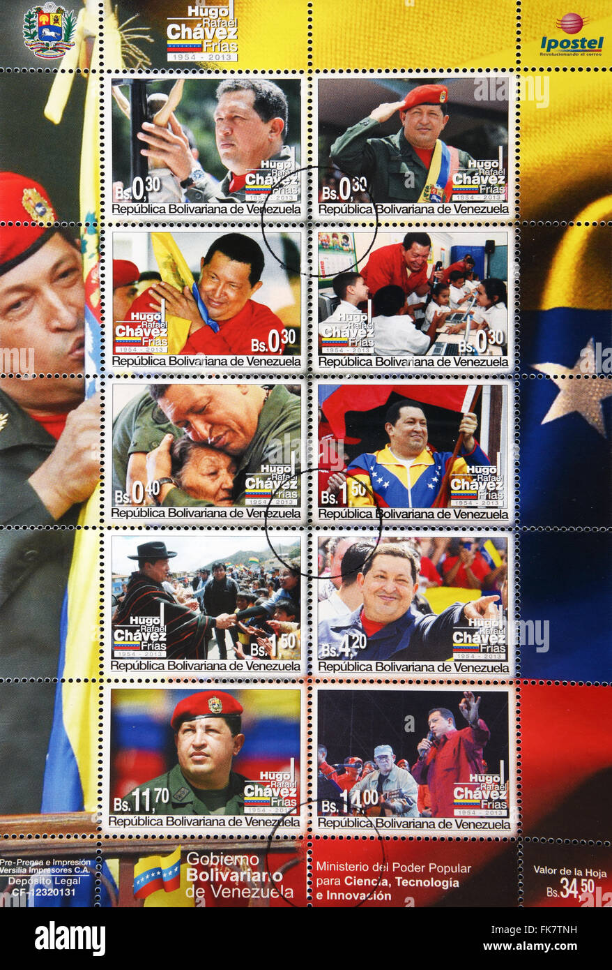 Repubblica bolivariana del Venezuela - circa 2013: raccolta di francobolli stampati in Venezuela mostra Hugo Rafael Chavez (1954-2013) Foto Stock