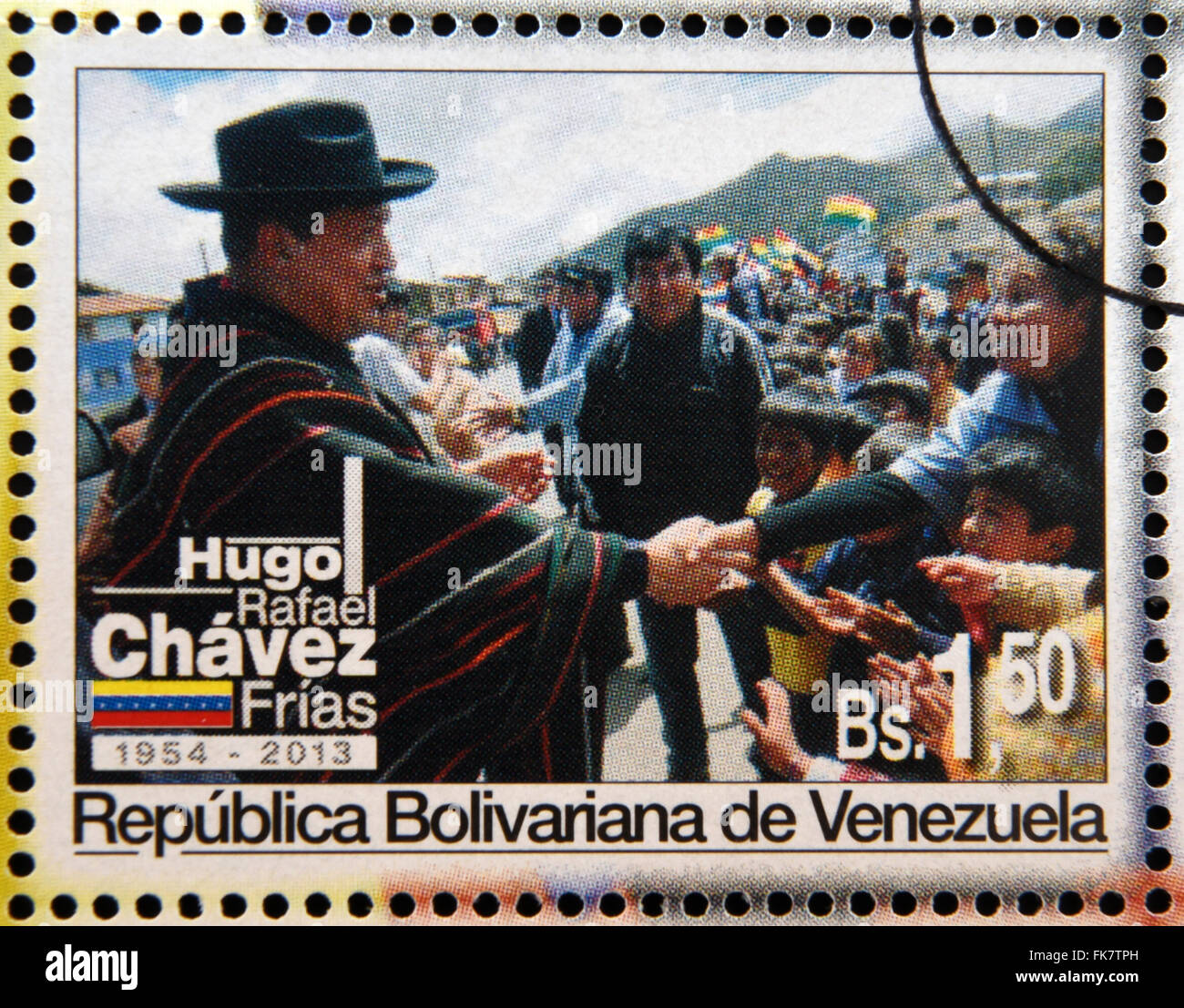 Repubblica bolivariana del Venezuela - circa 2013: un timbro stampato in Venezuela mostra Hugo Rafael Chavez (1954-2013), Presidente Foto Stock