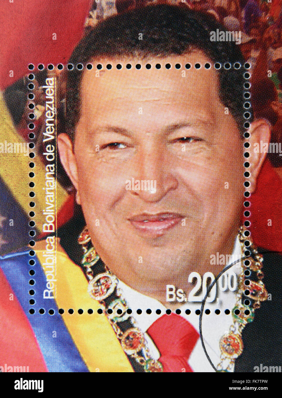 Repubblica bolivariana del Venezuela - circa 2014: un timbro stampato in Venezuela mostra Hugo Rafael Chavez (1954-2013), Presidente Foto Stock